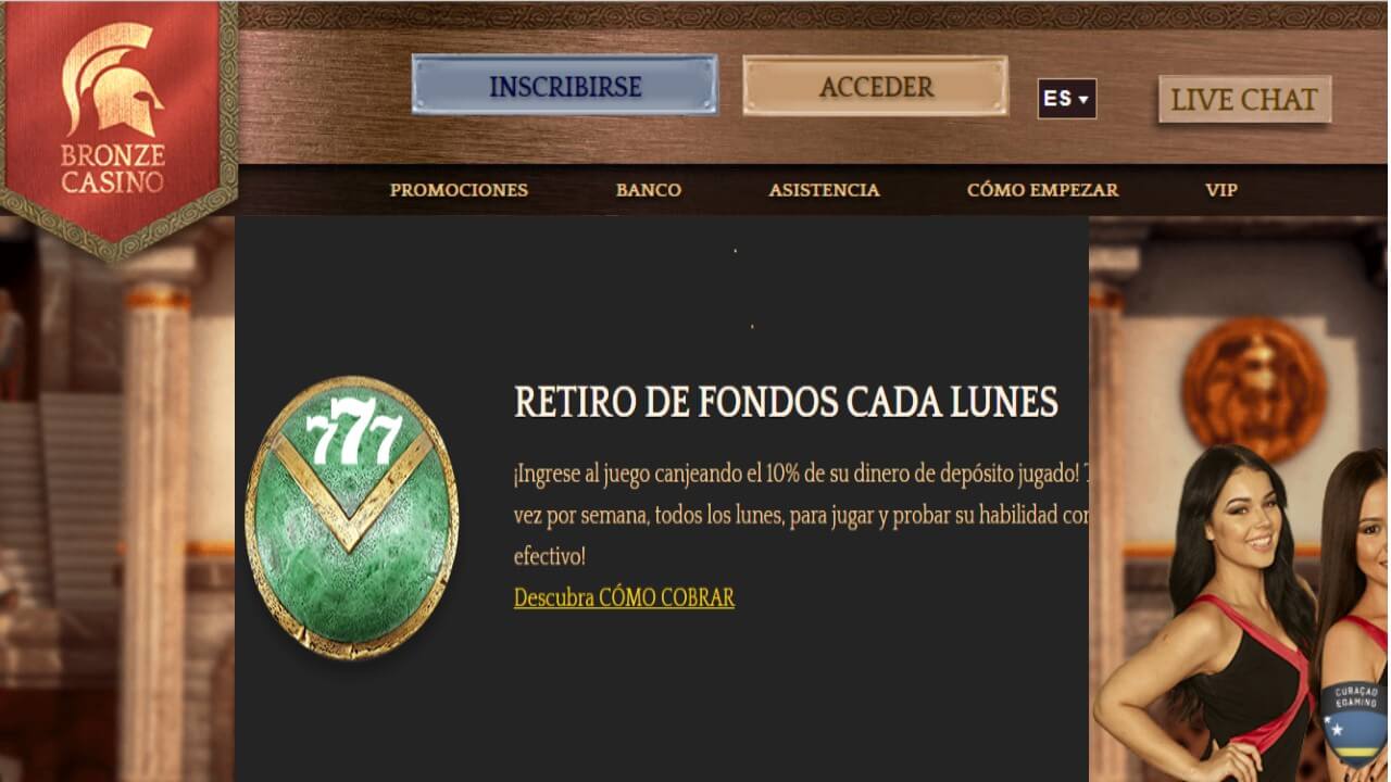 Bronze Casino reembolso del 10% por retiros los lunes