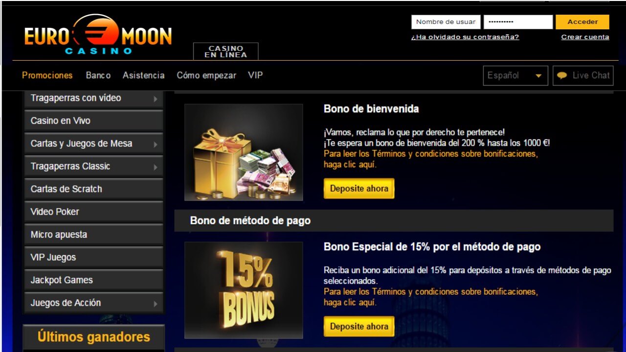 Casino Euromoon bono de 15% por método de ingreso